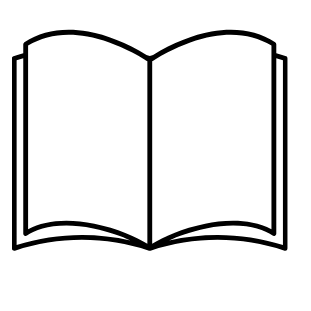 A minimalist black line icon of an open book centered on a plain white background.